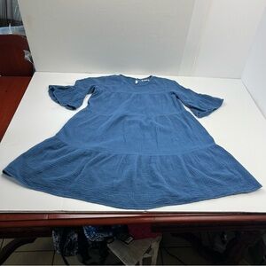 Outerknown Currents Organic Cotton Gauze Crepe BellSleeve Dress Blue Small *FLAW